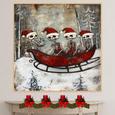 Whimsical Skeleton Christmas Sleigh Ride Art Print – Spooky Cute Holiday Decor with Santa Hats, Red Dresses & Snowy Forest, Vintage Gothic Winter Wall Art on Ready to Hang 1.5" Thick Canvas Wrap, Floating Framed Canvas, Flat Rolled Canvas